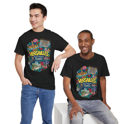 Black crewneck T-shirt with Versailles-themed front illustration on two men.