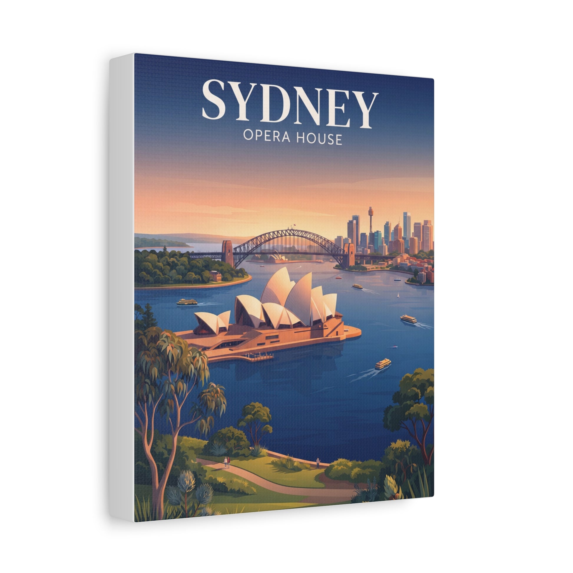 Stretched canvas wall art of Sydney Opera House and skyline at sunset, vertical view.