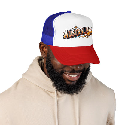 Blue and white trucker hat with red brim, curved brim, mesh back, and Australia logo patch.