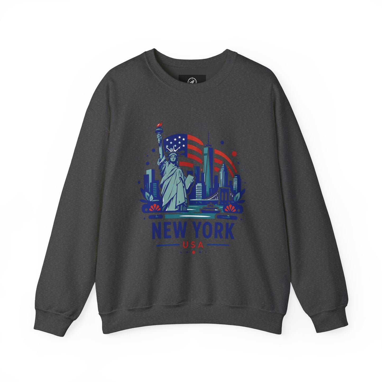 Dark gray crewneck sweatshirt with New York USA Statue of Liberty graphic on front