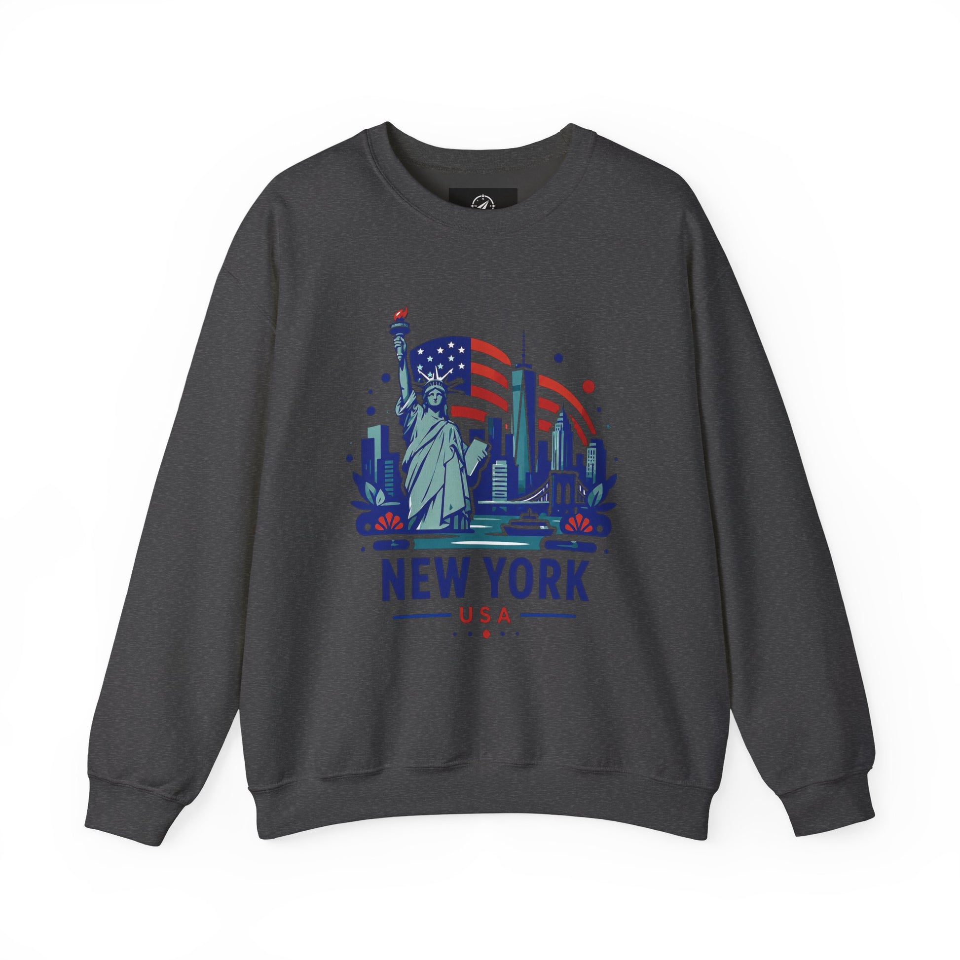 Dark gray crewneck sweatshirt with New York USA Statue of Liberty graphic on front
