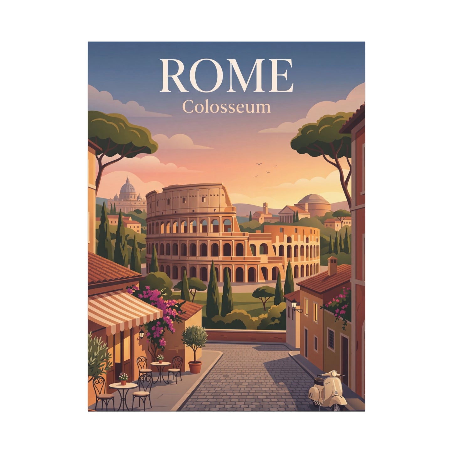 Portrait matte canvas print of Rome Colosseum with town buildings and “ROME” title