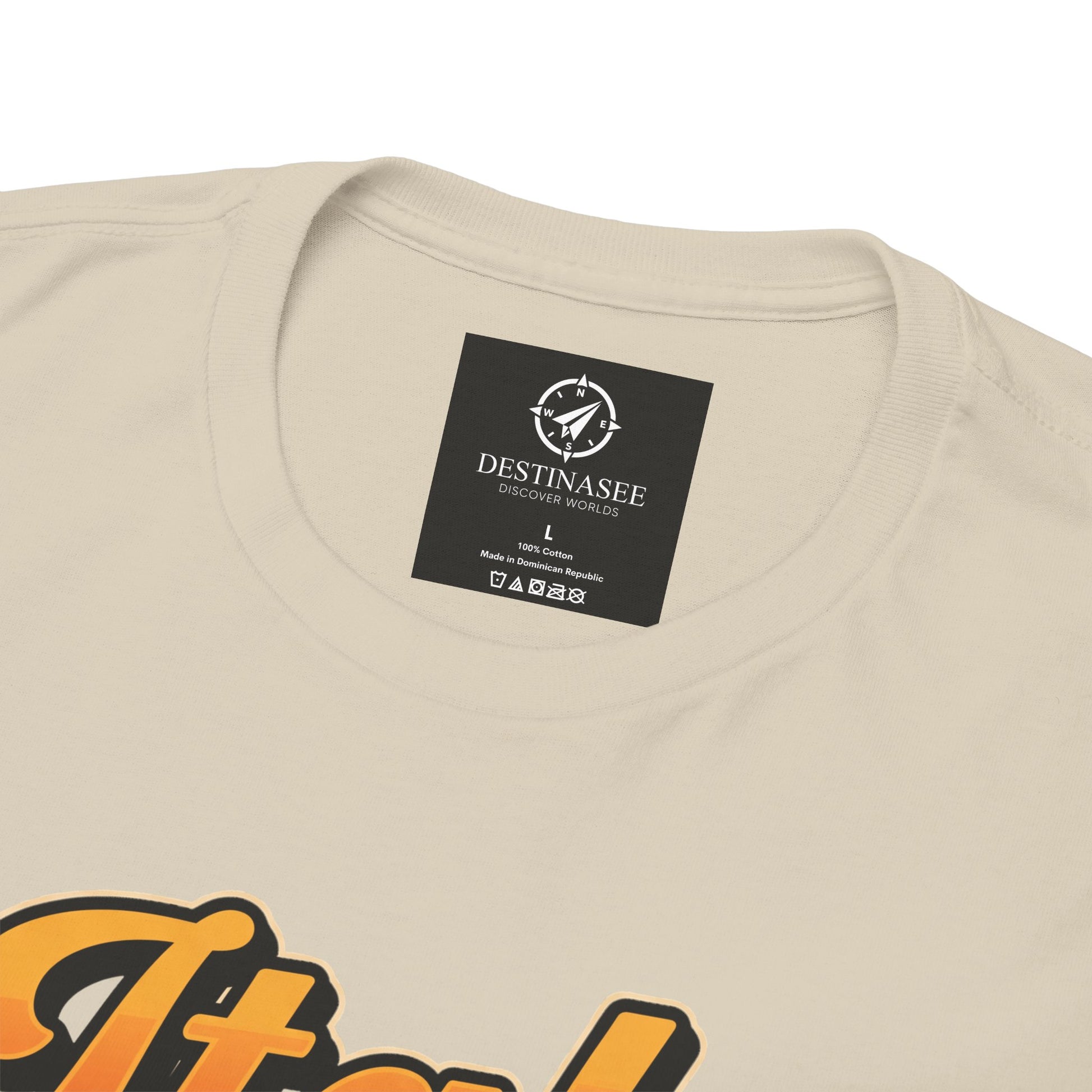 Beige T-shirt neckline and small square back label near collar
