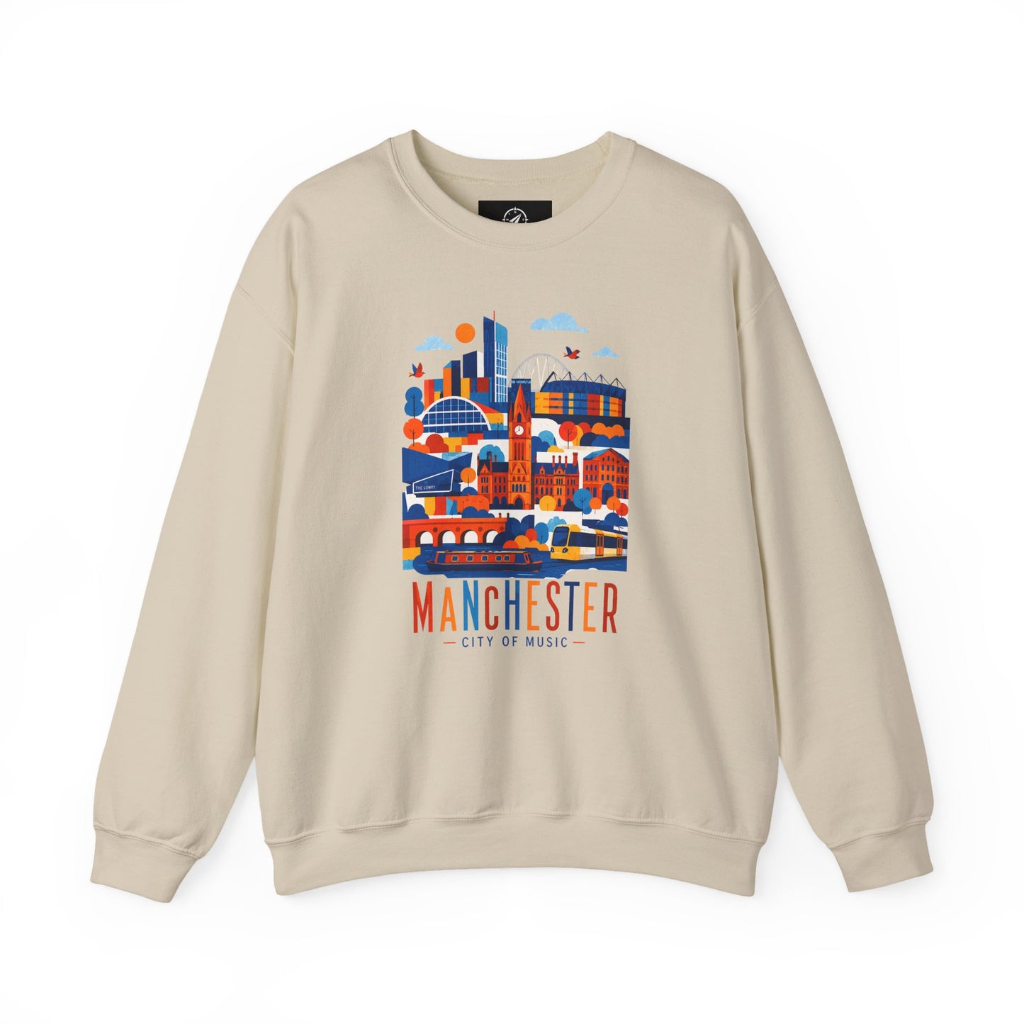 Light sand crewneck sweatshirt with colorful Manchester cityscape graphic on chest