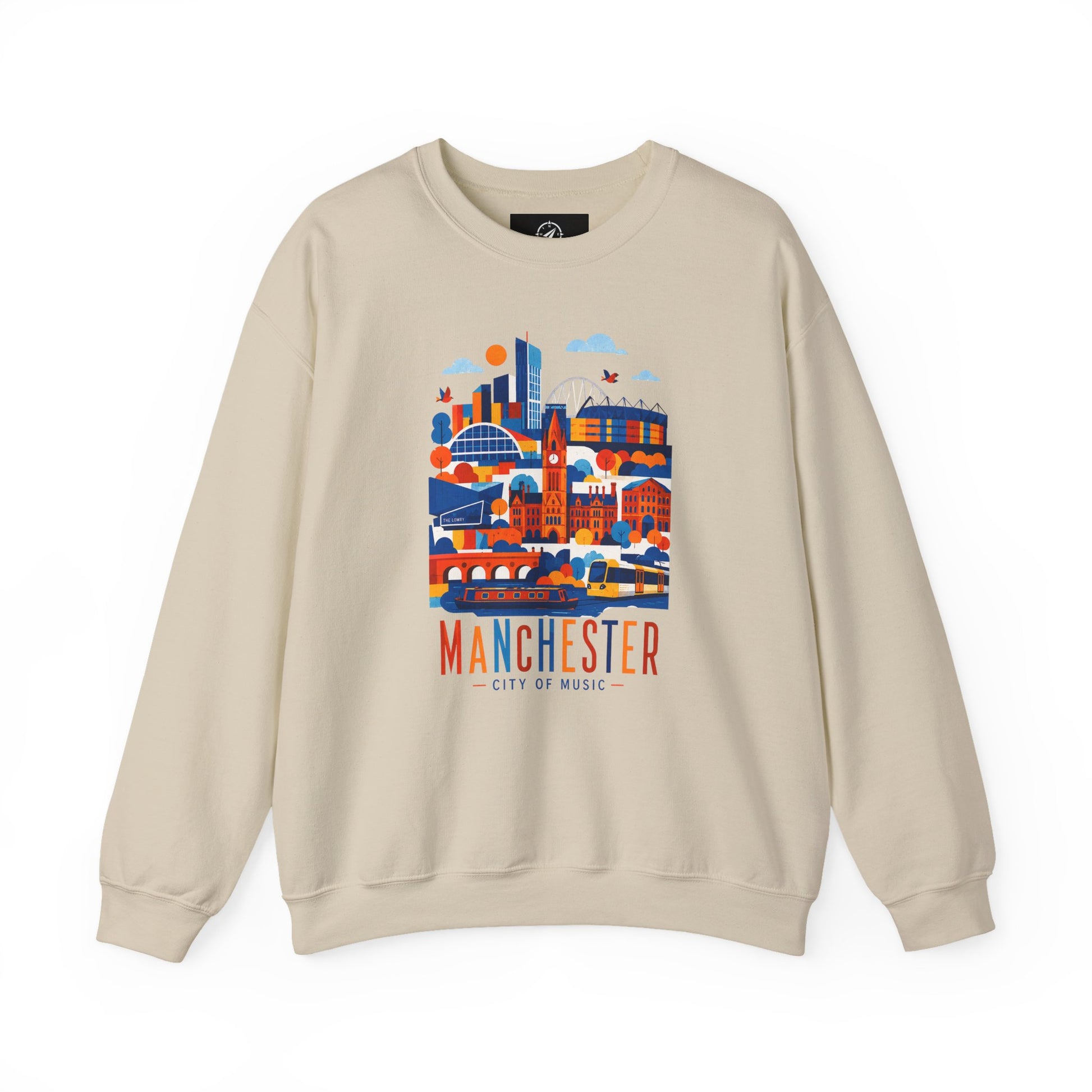 Light sand crewneck sweatshirt with colorful Manchester cityscape graphic on chest