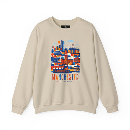 Light sand crewneck sweatshirt with colorful Manchester cityscape graphic on chest