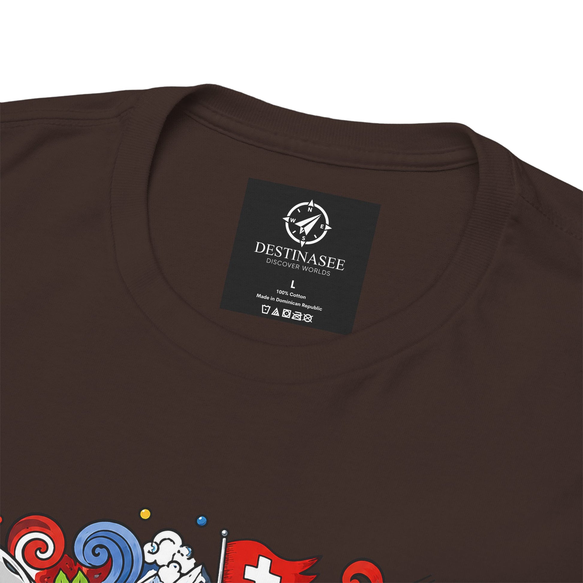Dark chocolate T-shirt close-up: Destinasee neck label and partial artwork