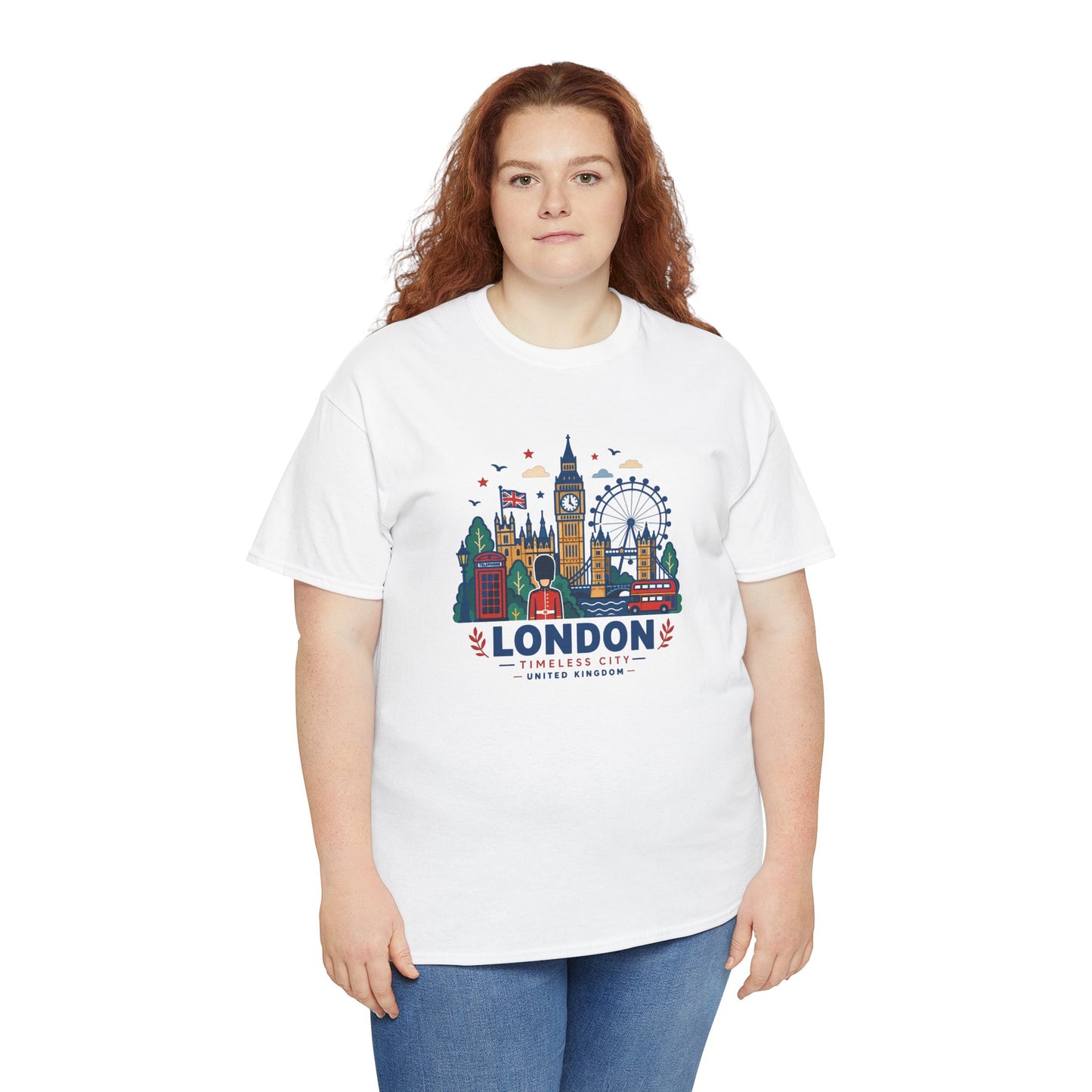 White crew-neck T-shirt with London skyline chest graphic on model