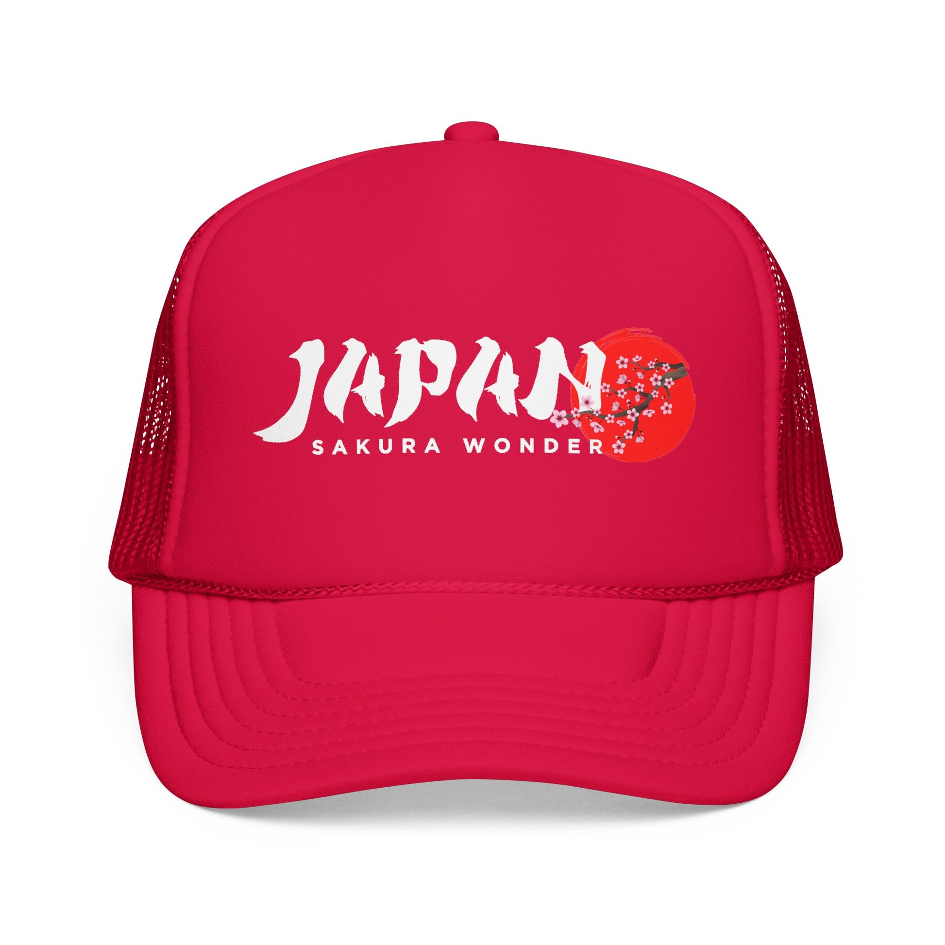 Red trucker hat with JAPAN SAKURA WONDER logo on front panel.