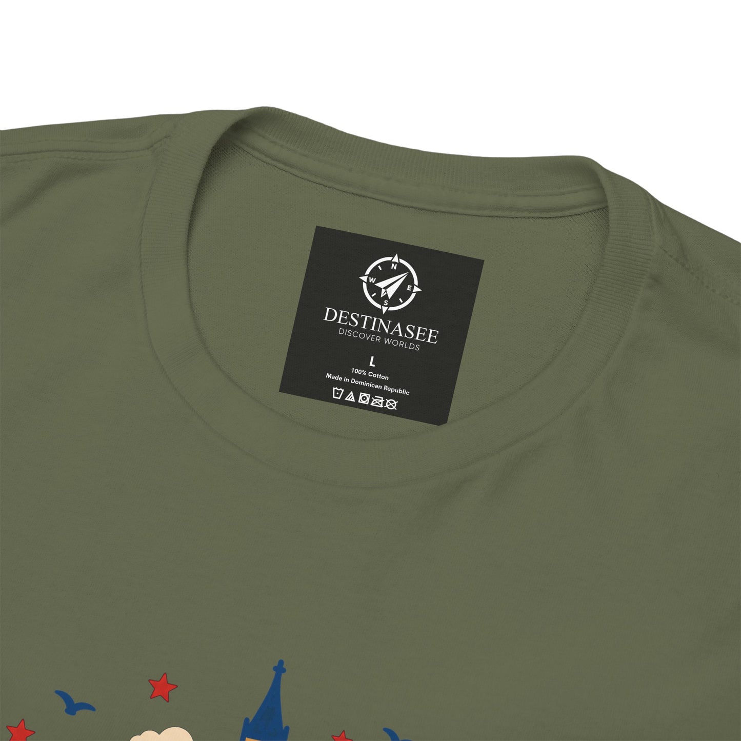 Olive green T-shirt with small brand label at neckline and partial city print