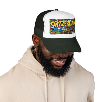 Trucker hat with dark green mesh, white front, dark green curved brim, and Switzerland graphic patch