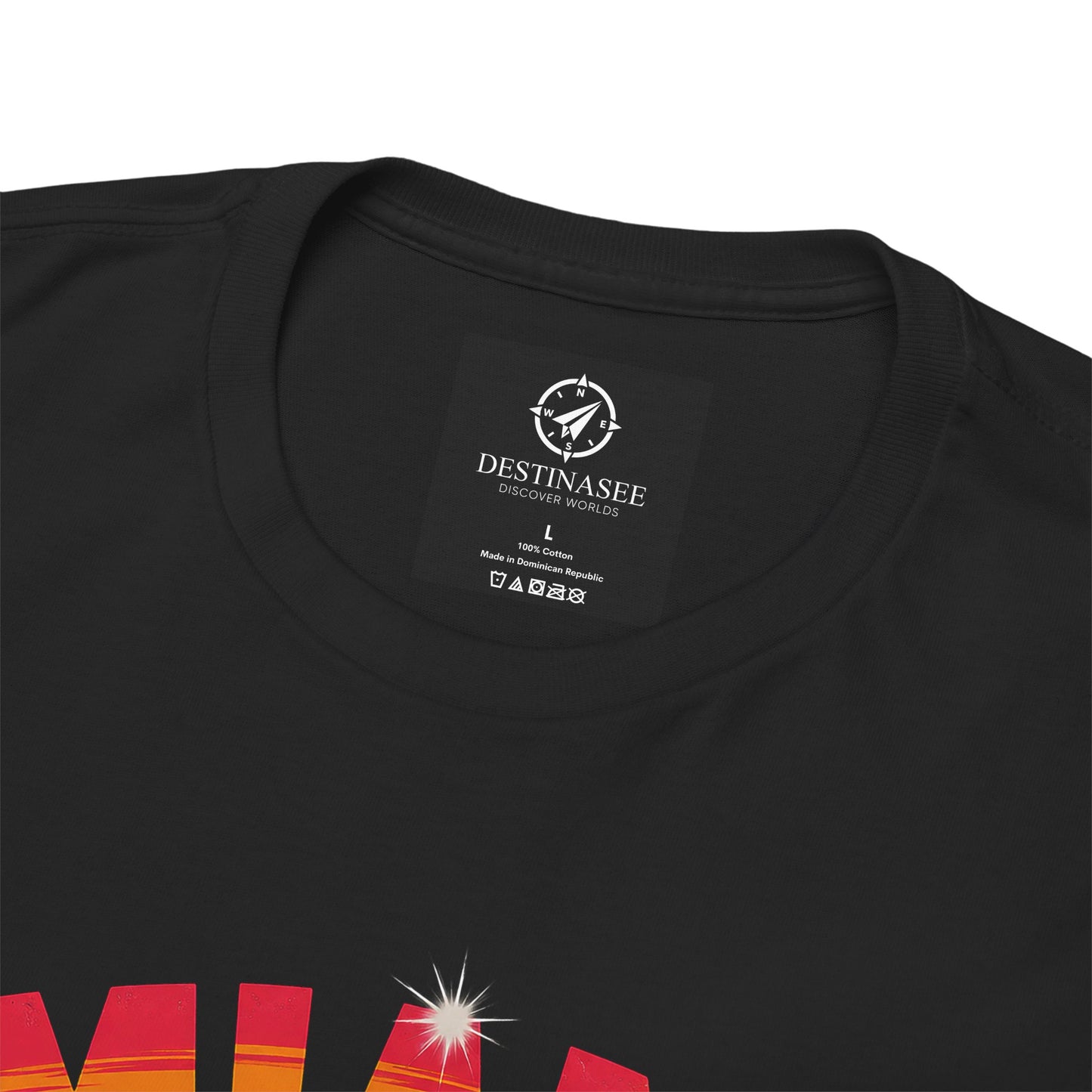 Black crewneck T-shirt with small circular logo patch at the neckline