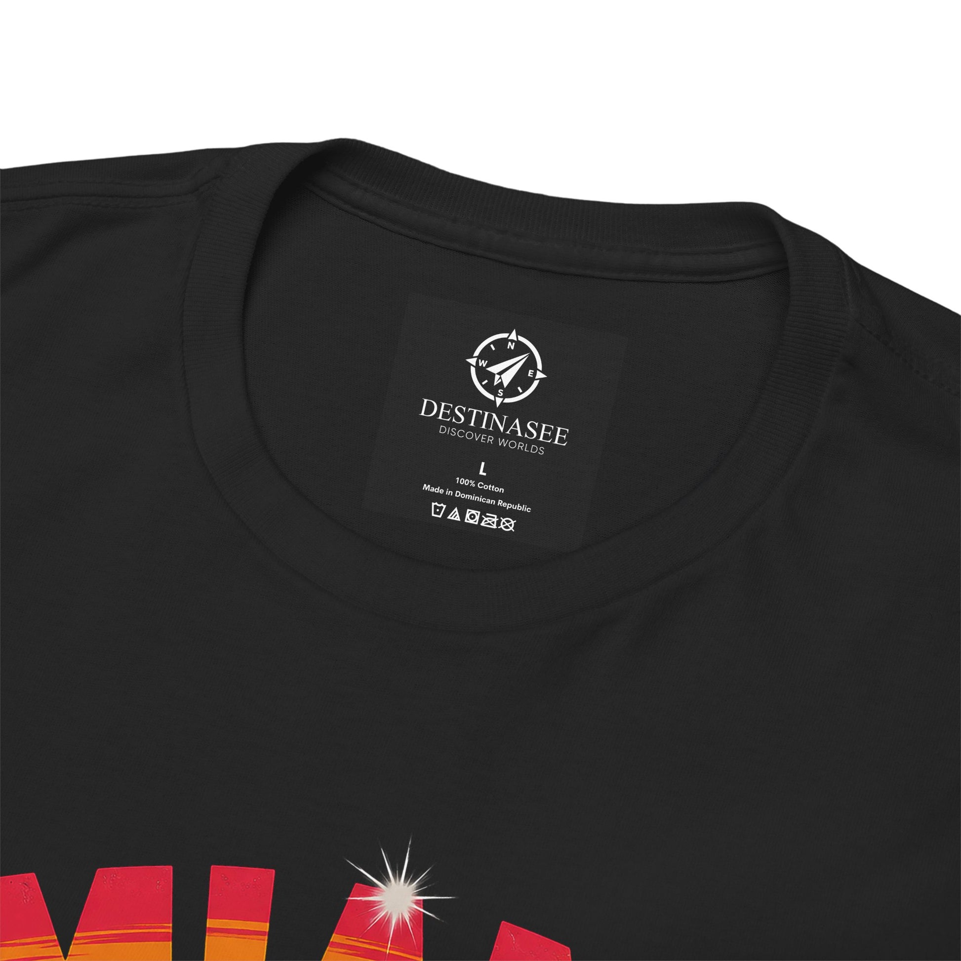 Black crewneck T-shirt with small circular logo patch at the neckline