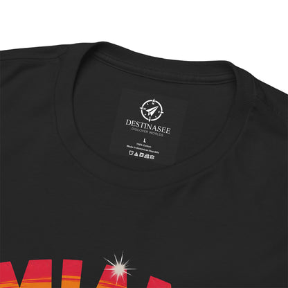 Black crewneck T-shirt with small circular logo patch at the neckline