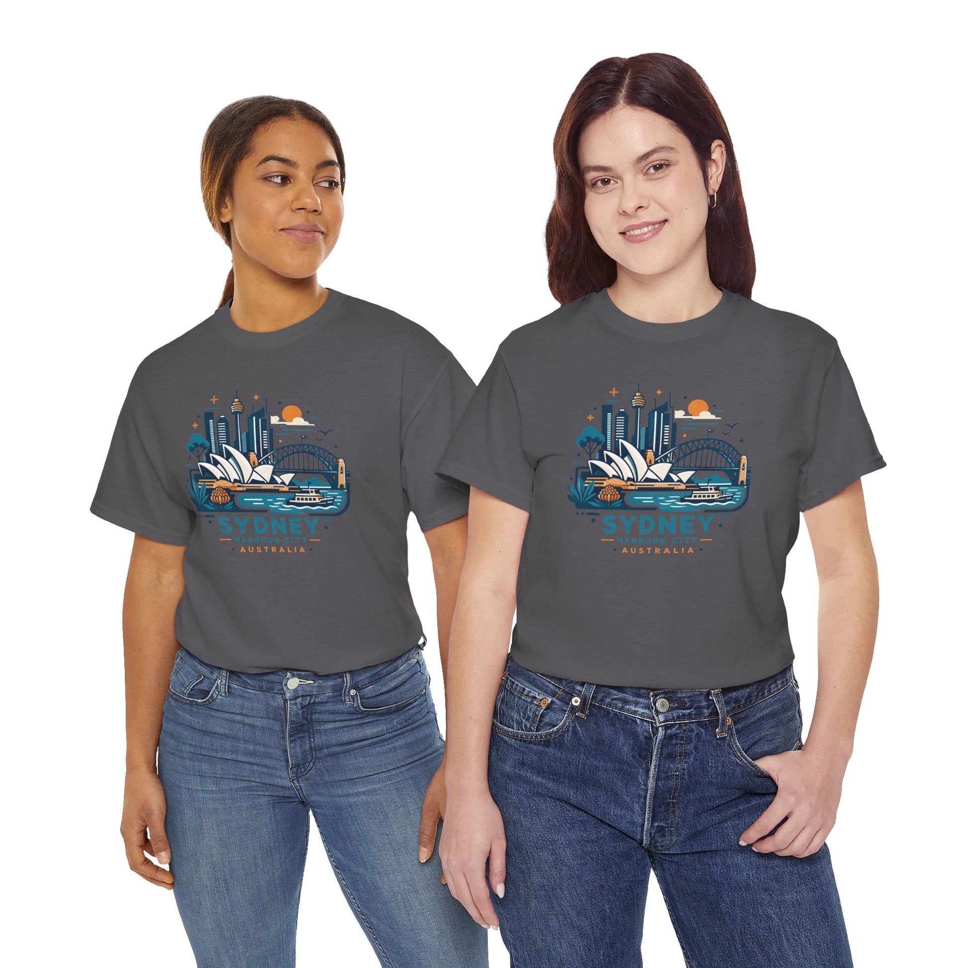 Charcoal crew-neck T-shirt with Sydney cityscape graphic on the chest