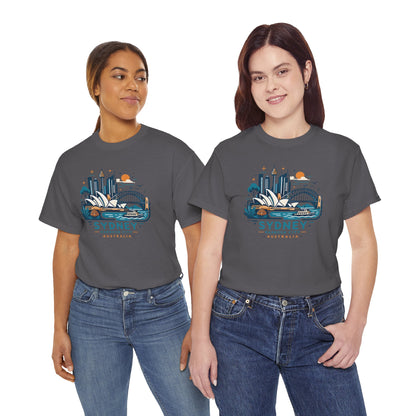 Charcoal crew-neck T-shirt with Sydney cityscape graphic on the chest
