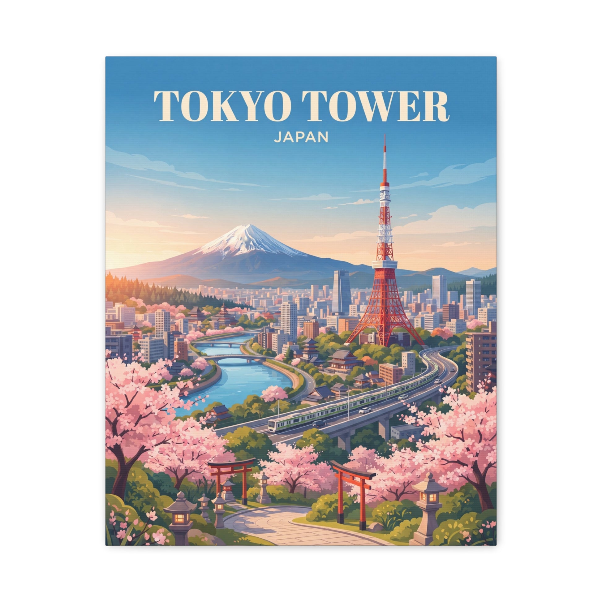 Matte canvas print of Tokyo Tower with Mt. Fuji, cherry blossoms, and a winding river.