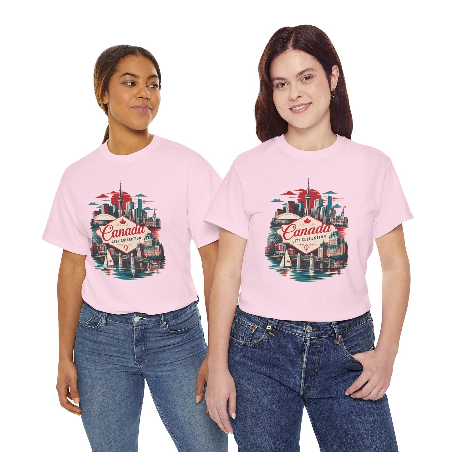 Pink crewneck T-shirt with Canada city skyline graphic on the chest
