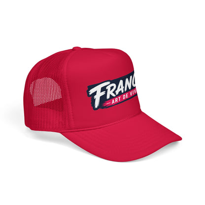 Red trucker hat with mesh sides, curved brim, and 'FRANCE Art de Vivre' logo