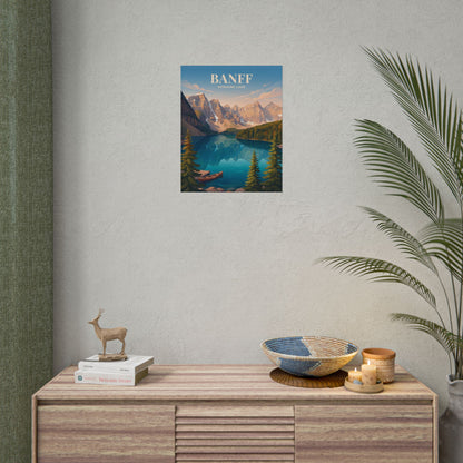 Banff Moraine Lake mini poster on wall above wooden console with woven bowl and decor