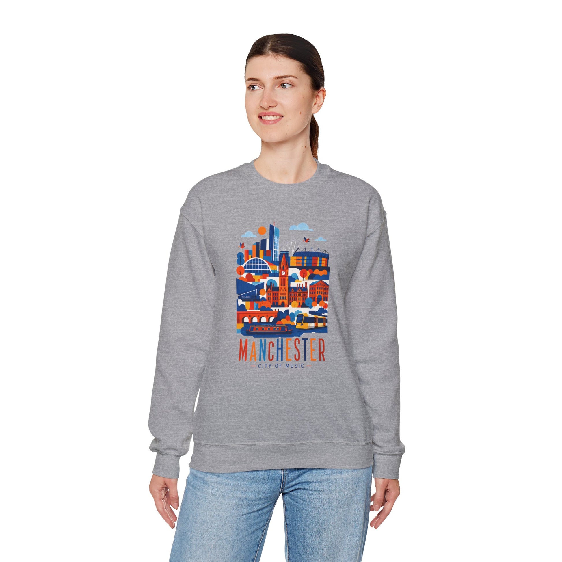 Manchester cityscape crewneck sweatshirt, sport grey, front graphic with Manchester lettering