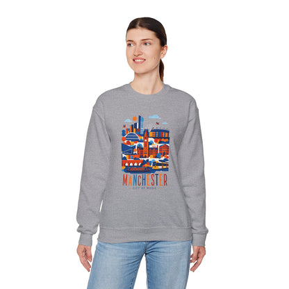 Manchester cityscape crewneck sweatshirt, sport grey, front graphic with Manchester lettering