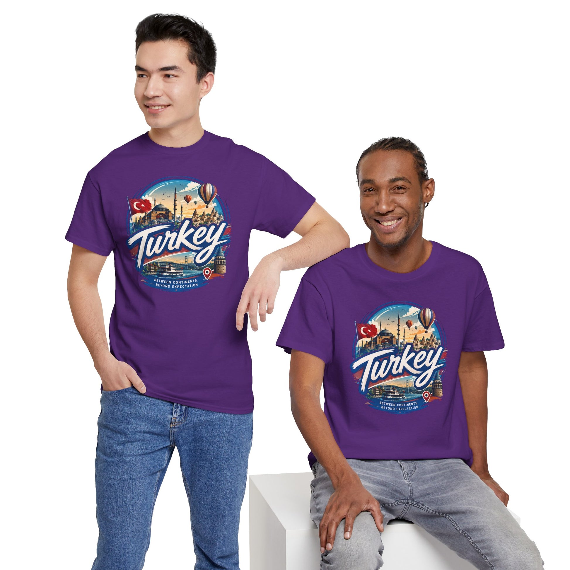 Purple crew-neck T-shirt with “Turkey” travel graphic on the chest