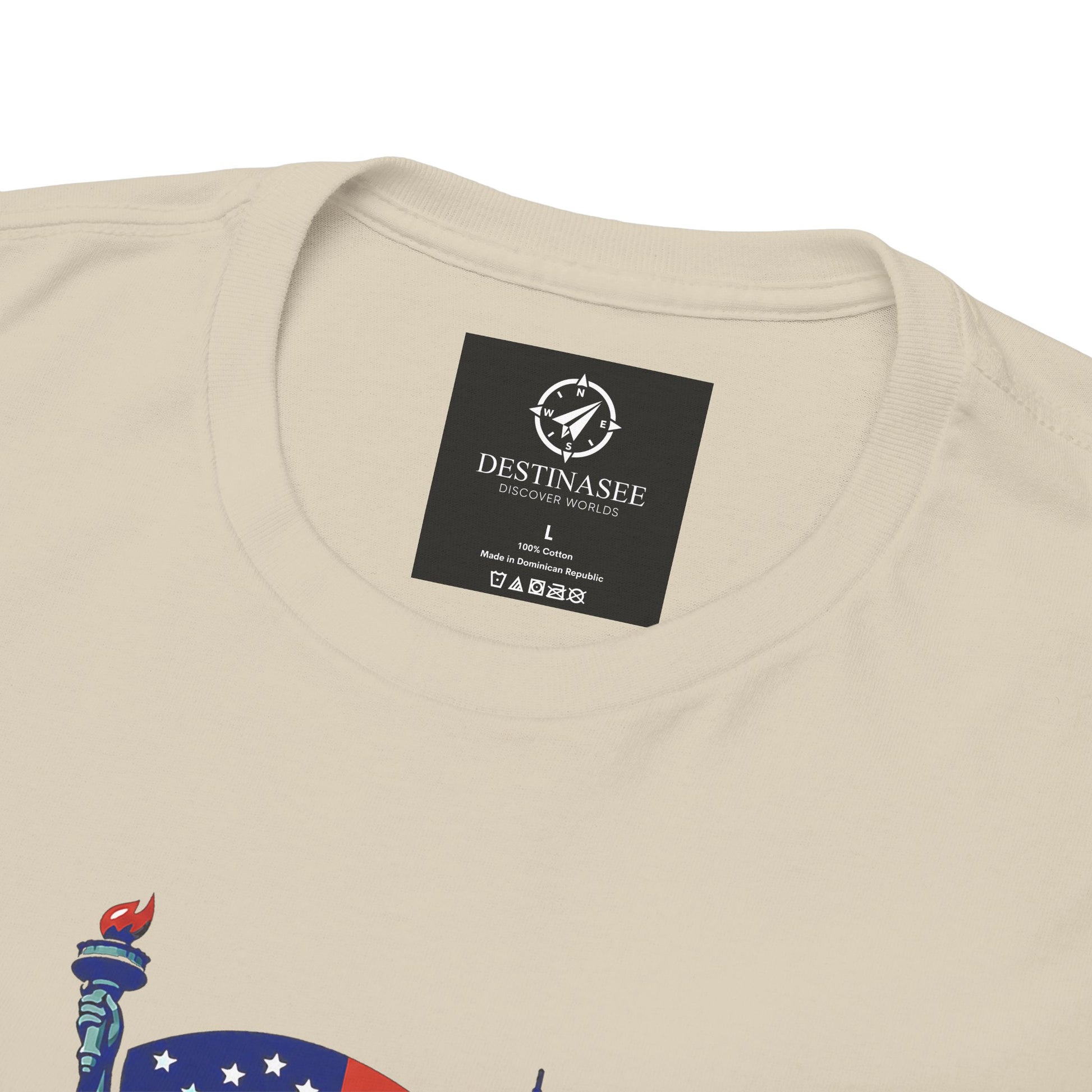 Natural T-shirt with small back-neck label and partial graphic print