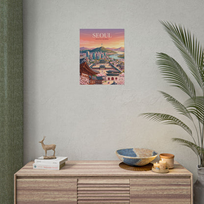 Seoul cityscape rolled poster on a wall, with SEOUl title and spring flowers in the foreground