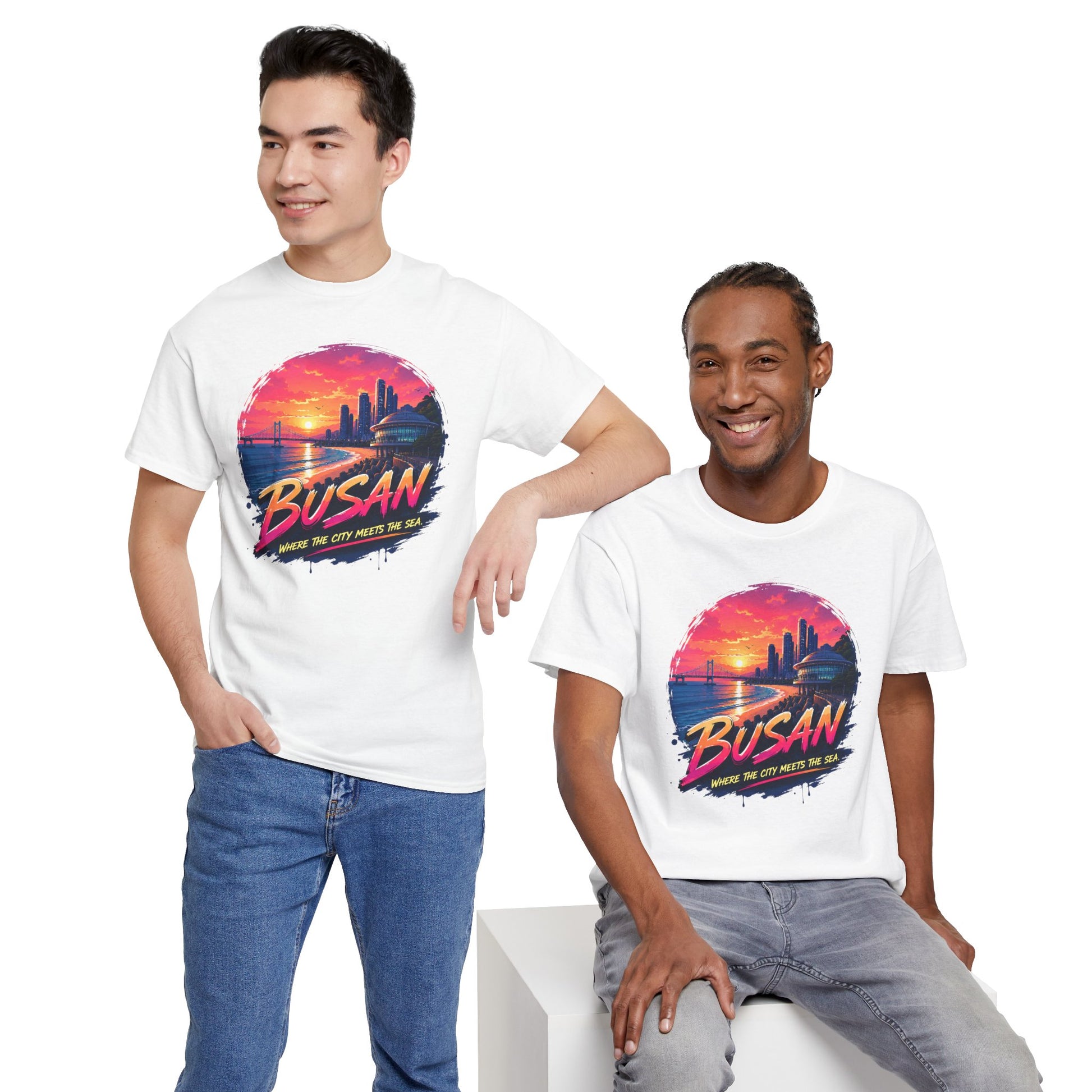 White crewneck t-shirt with Busan sunset graphic on front, short sleeves