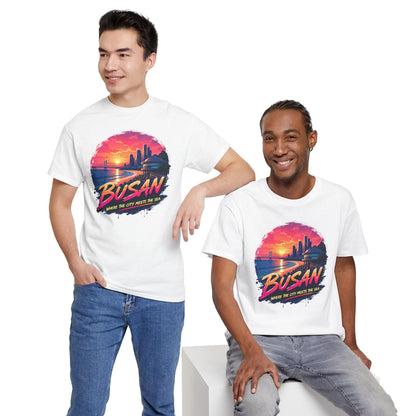 White crewneck t-shirt with Busan sunset graphic on front, short sleeves