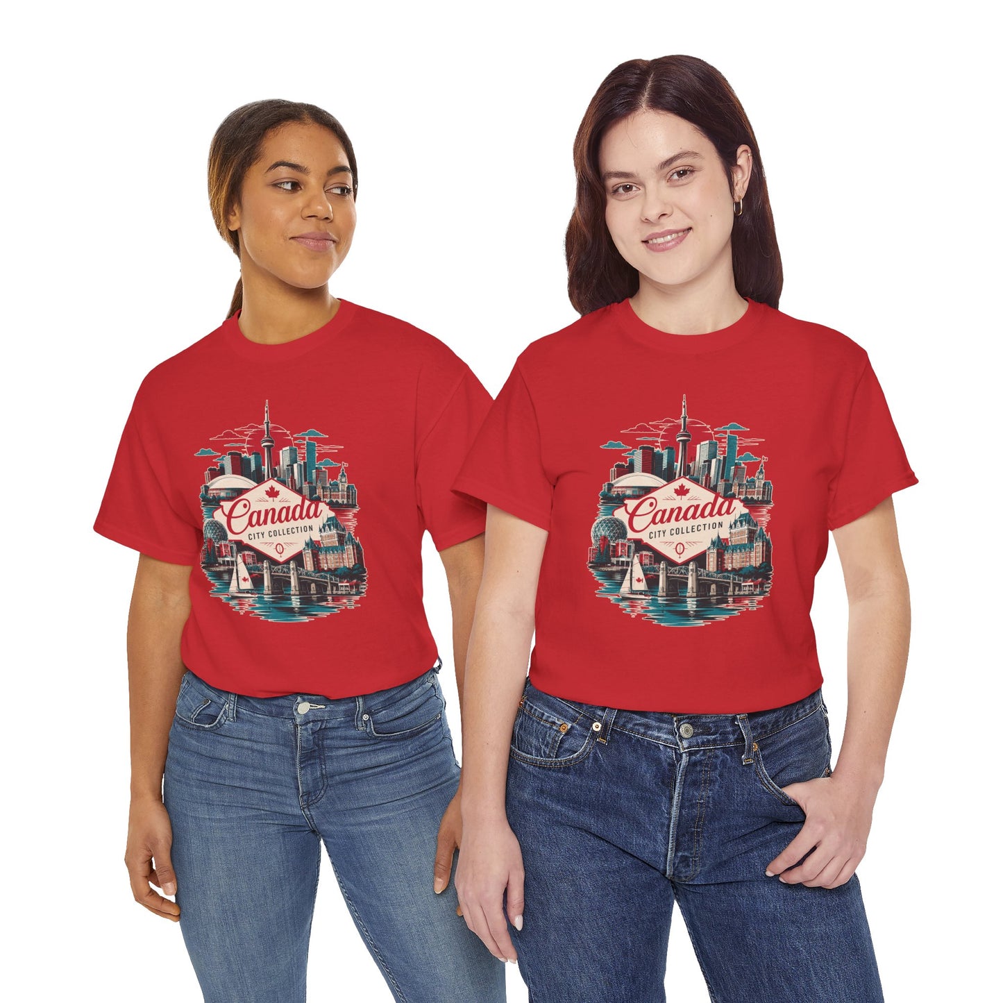 Red T-shirt with retro Canada skyline graphic on front, crew neck, short sleeves.