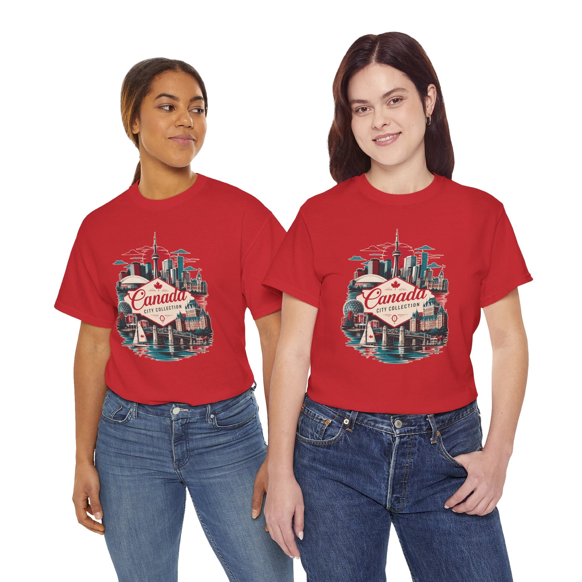 Red T-shirt with retro Canada skyline graphic on front, crew neck, short sleeves.