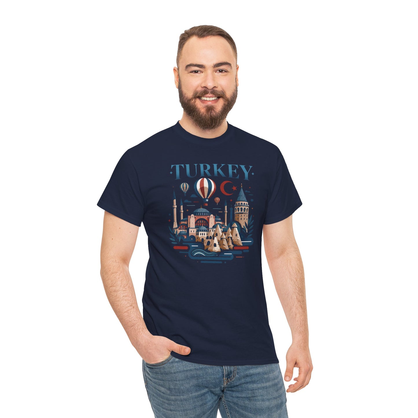 Navy T-shirt with “TURKEY” skyline graphic and hot air balloon design on front
