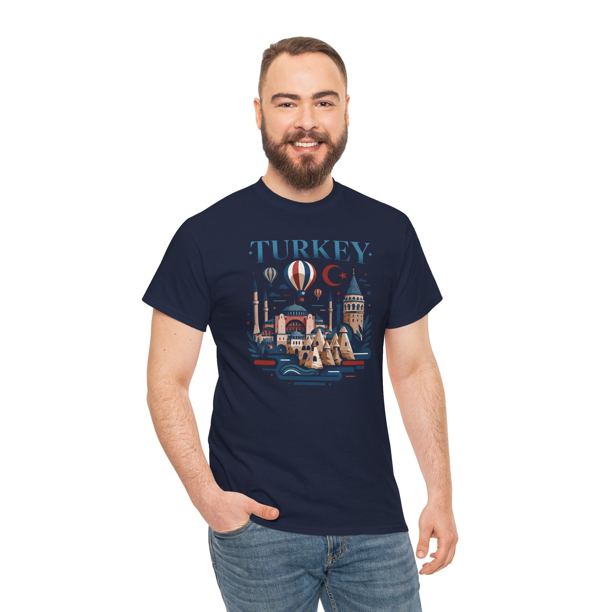 Navy T-shirt with “TURKEY” skyline graphic and hot air balloon design on front