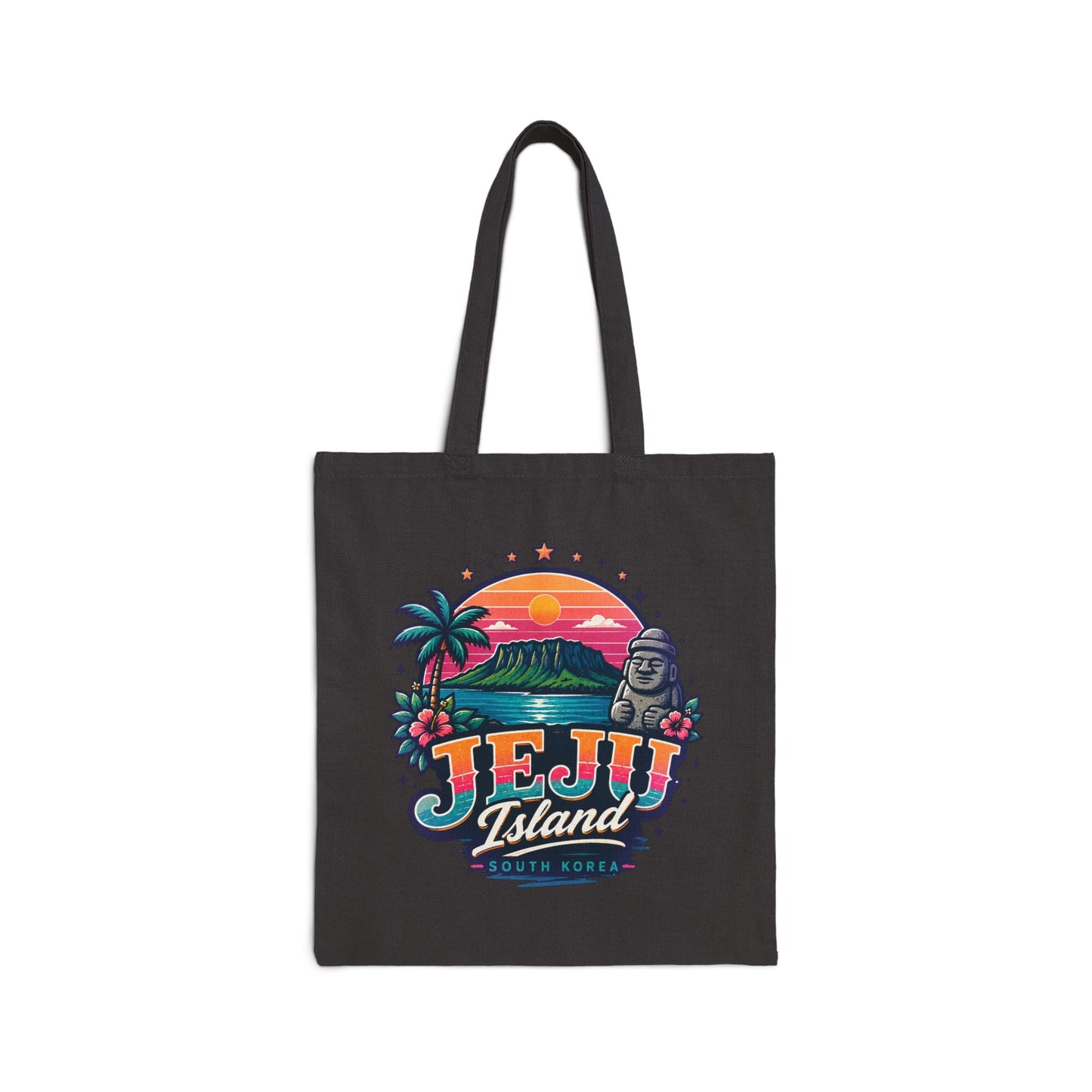 Black canvas tote bag with colorful Jeju Island graphic on the front