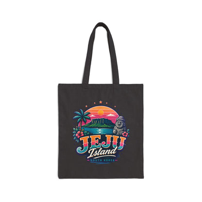 Black canvas tote bag with colorful Jeju Island graphic on the front