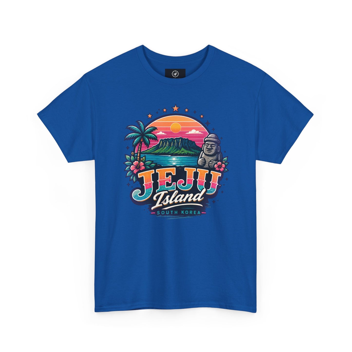 Royal blue t-shirt with colorful “JEJU Island” sunset logo and South Korea text graphic
