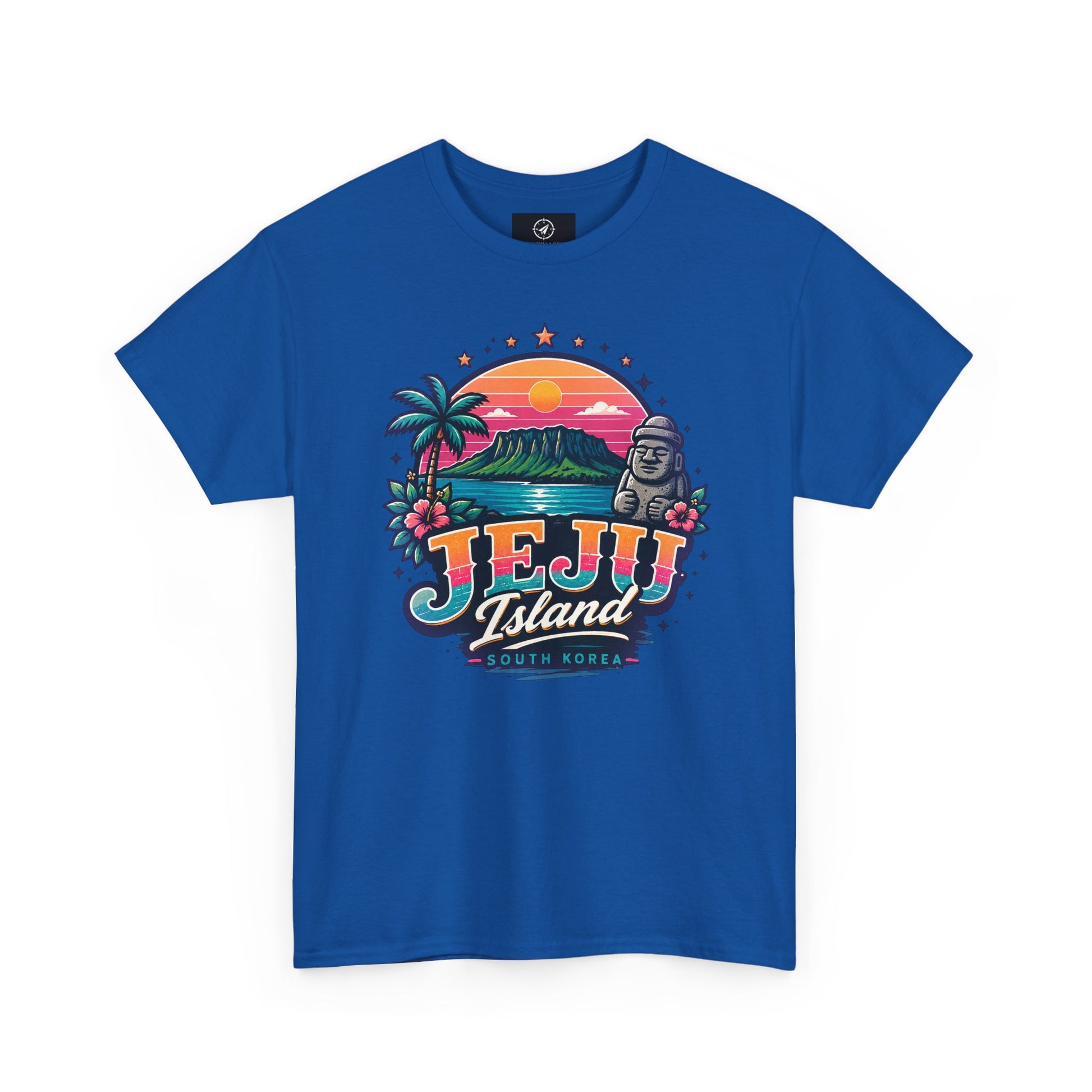 Royal blue t-shirt with colorful “JEJU Island” sunset logo and South Korea text graphic