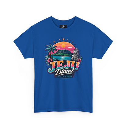Royal blue t-shirt with colorful “JEJU Island” sunset logo and South Korea text graphic