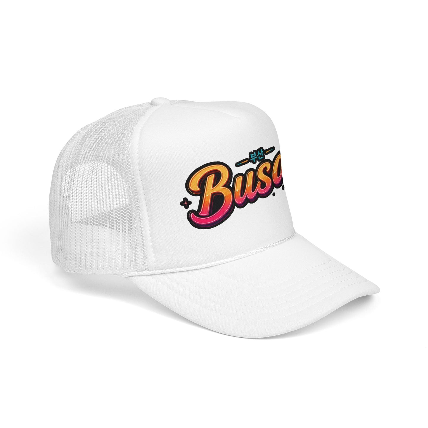 White mesh trucker hat with front “Busan” logo embroidery and curved brim