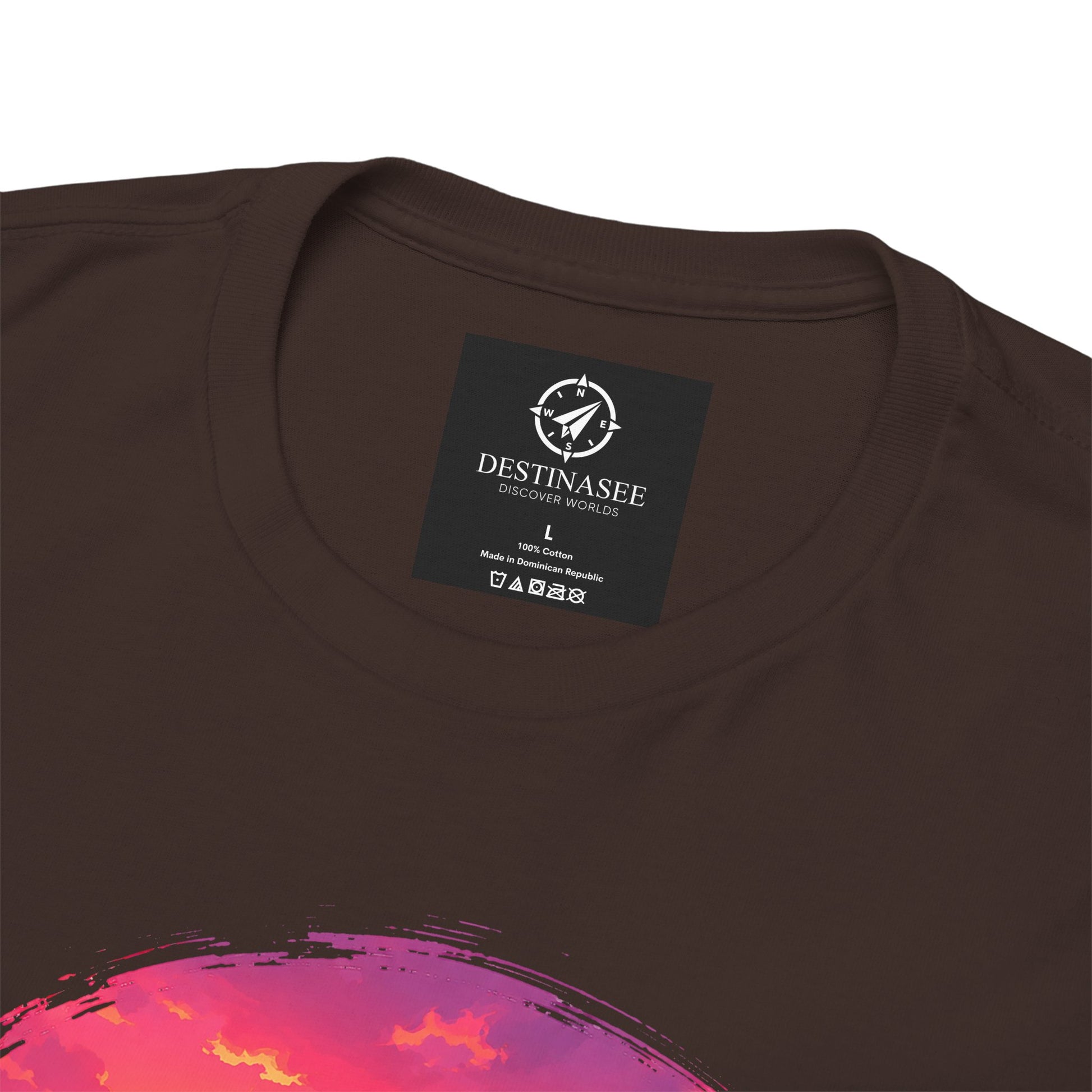 Dark brown crewneck t-shirt close-up with neck label and partial Busan sunset graphic