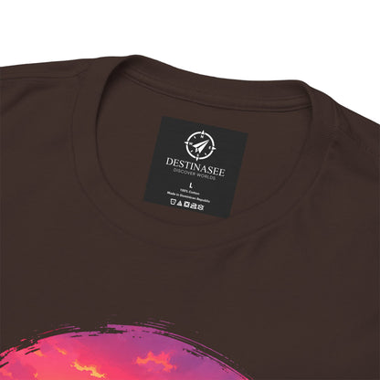Dark brown crewneck t-shirt close-up with neck label and partial Busan sunset graphic