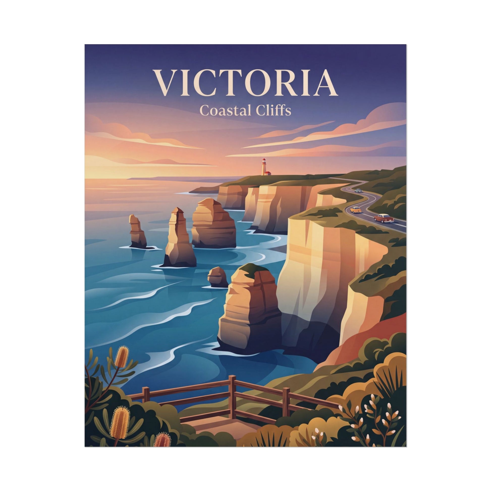 Rolled Australia coastal cliffs poster featuring rugged cliffs, sea, and evening sky