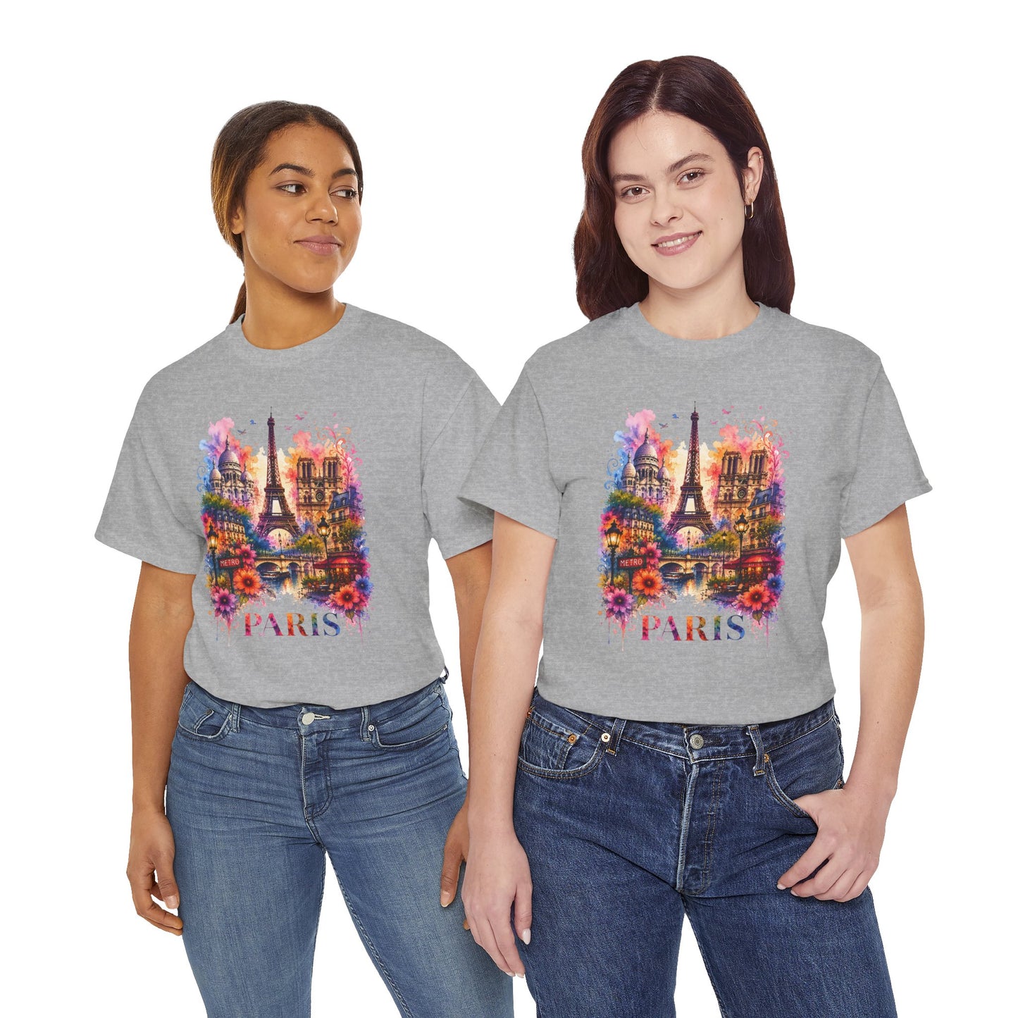 Eiffel Tower floral watercolor T-shirt in charcoal gray with colorful Paris graphic on front