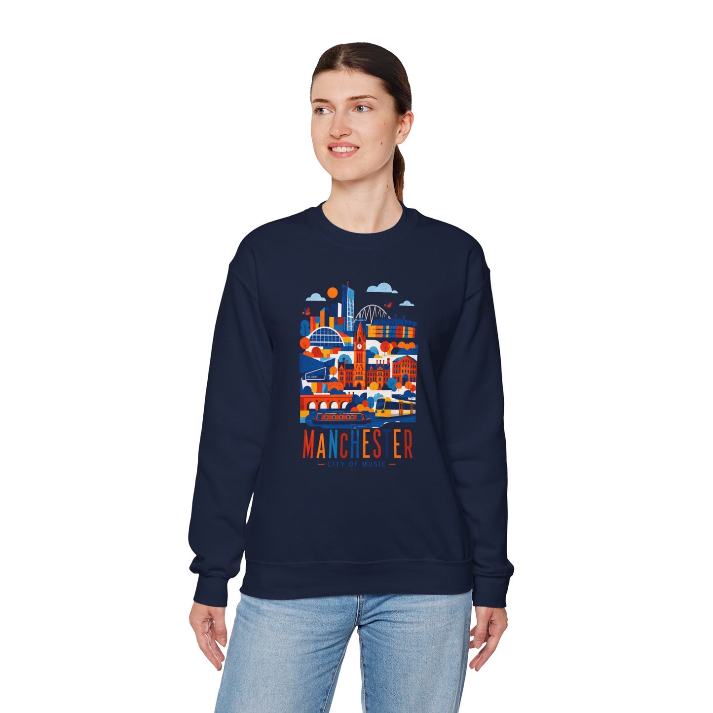 Manchester cityscape crewneck sweatshirt, navy, front graphic with Manchester lettering