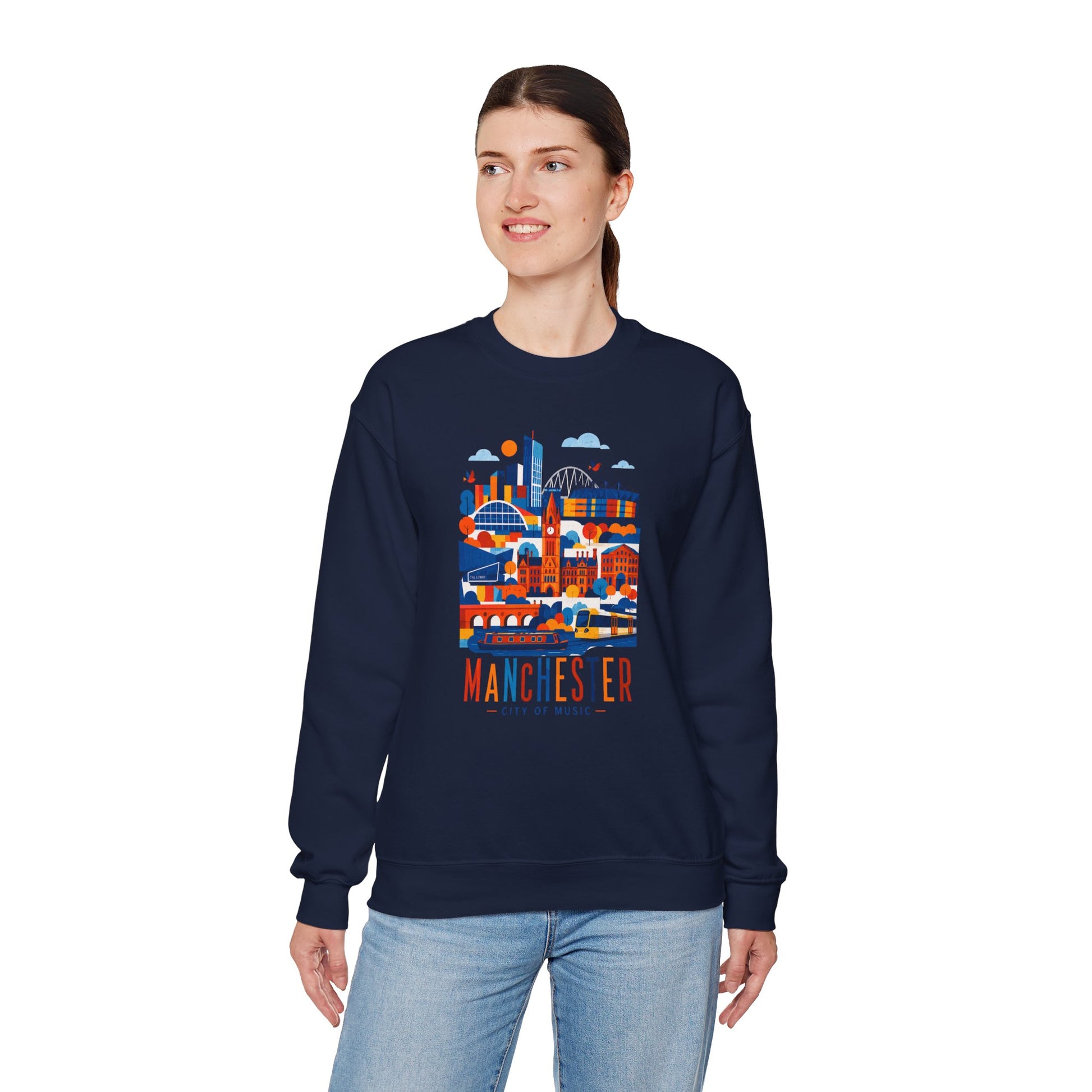 Manchester cityscape crewneck sweatshirt, navy, front graphic with Manchester lettering