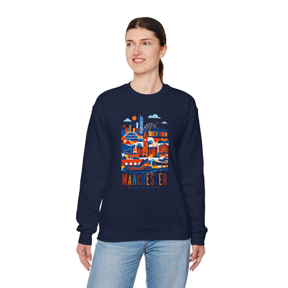 Manchester cityscape crewneck sweatshirt, navy, front graphic with Manchester lettering