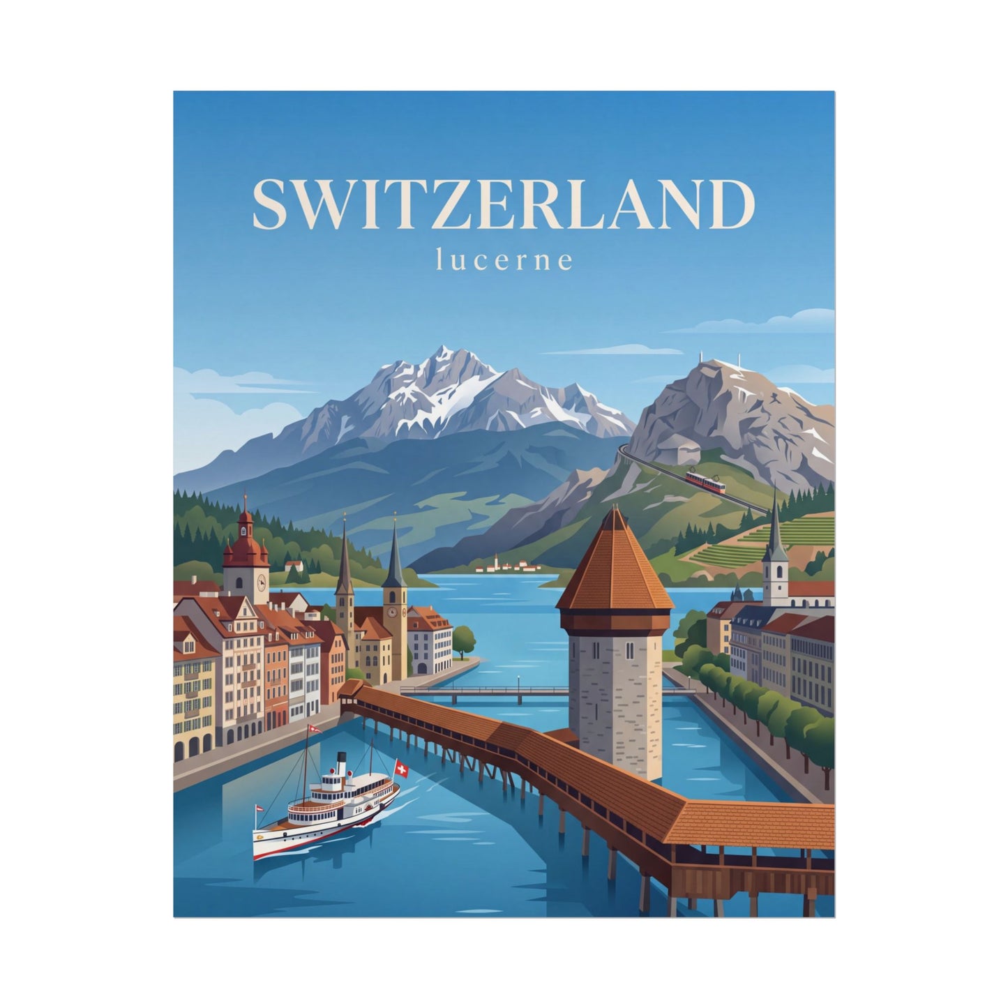 Lucerne Switzerland rolled poster with blue lake, mountains, and riverside bridge view