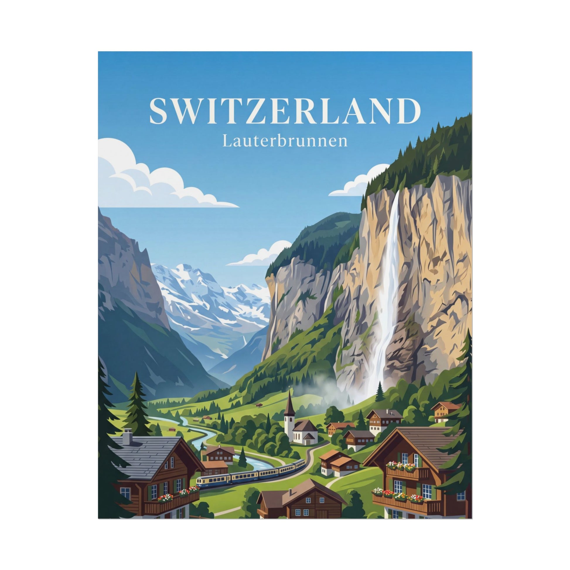 Rolled poster with Switzerland header above Lauterbrunnen valley landscape and village